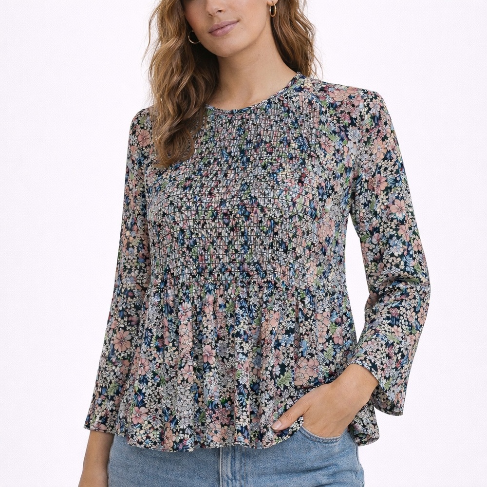 ZARA Black Floral Print Peplum Blouse Long Sleeve Keyhole XS